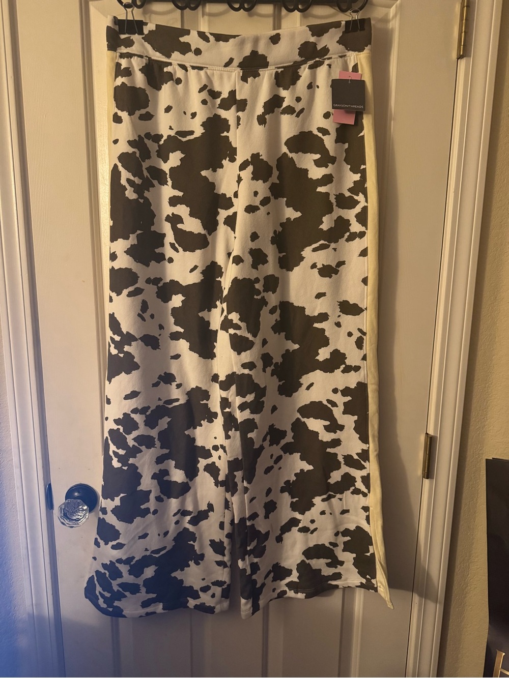 Grayson Threads Black and Cream Cow-Print Wide-Leg Pants
